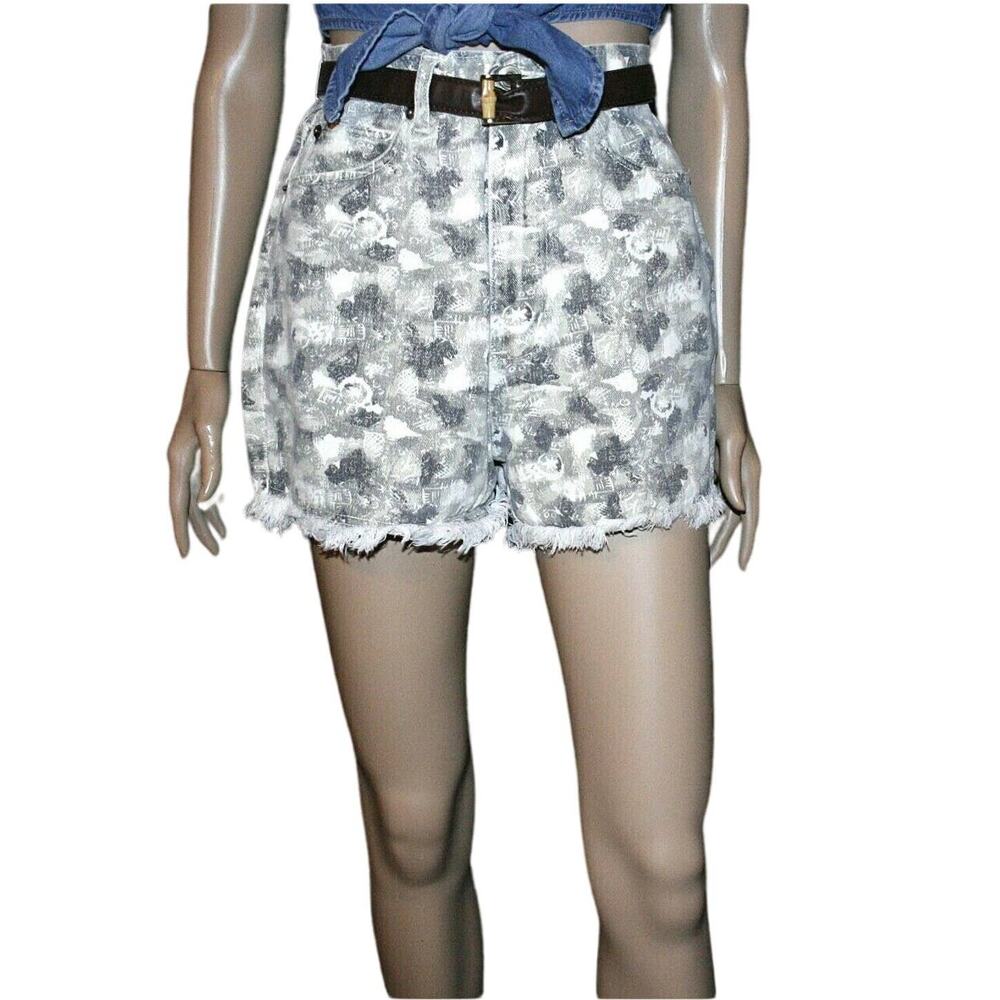 Vintage Invisible Scribble Abstract Print Frayed Hem High Waist Short Shorts